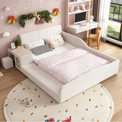 Letto imbottito per bambini con scrivania e sgabello, velluto bianco, 140x200 cm, con testiera morbida e rete a doghe