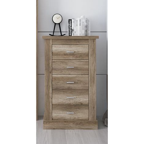 Pegane – Chiffonnier en panneau de particule mélaminé chêne vieilli – 5 tiroirs spacieux – Longueur 66 cm, Hauteur 104 cm, Profondeur 39.6 cm (1/3)