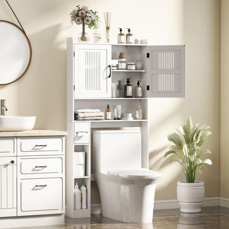Meuble WC Dessus Toilette Salle de Bain  Placard Double Porte + Porte-Papier  80x19,5x170 cm  Blanc
