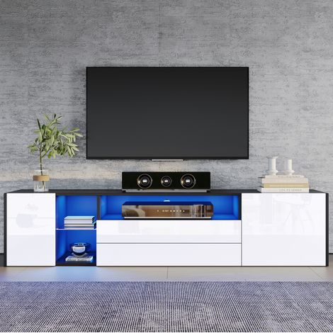 Fernsehschrank (180 x 40 x 45 cm), mit LED, 2 Schubladen und 2 Fächern, Hochglanzfront, Spanplatte, Schwarz Weiß (1/5)