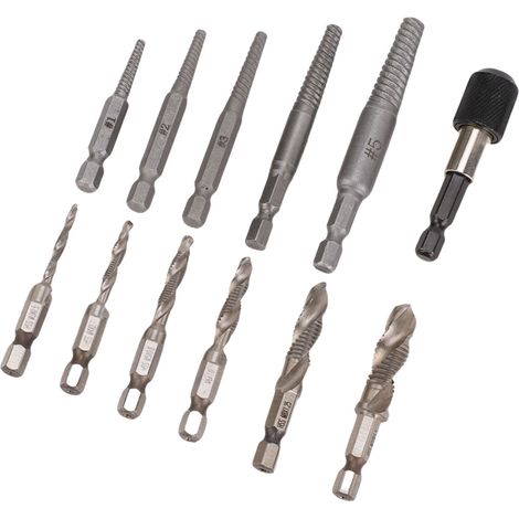 Kit d'extracteurs de vis 11 pièces avec rallonge de taraud, adaptateur et boîte de rangement pour tige hexagonale 1/4". (1/5)
