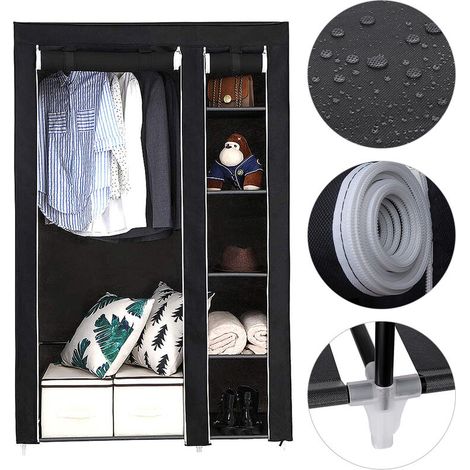 Armoire de Rangement Penderie Dressing en Tissu Non Tissé avec 5 Etagères + Tringle 105 x 172 x 43 cm Noir