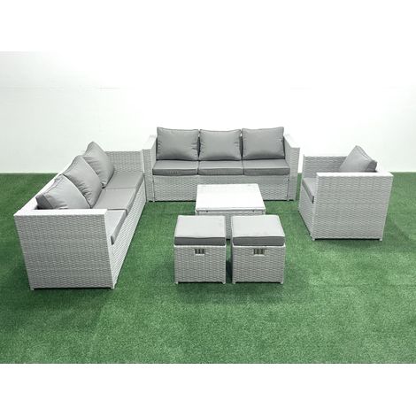 Fimous Wicker PE Rattan Sofa Garden Furniture Set with Armchair Square Coffee Table 2 Small Footstools Light Grey Mixed (1/5)