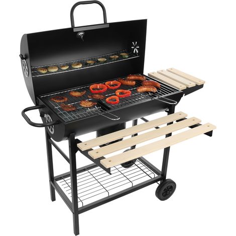 Ampio barbecue da giardino a carbone con ruote, dotato di serratura, ripiani e braciere.
