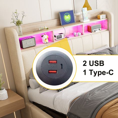 Lit double en tissu lin beige 180x200cm avec éclairage LED et prise USB, tête de lit avec étagères et rangement, sommier à vérin hydraulique pour stockage, literie adulte 2 places (1/5)
