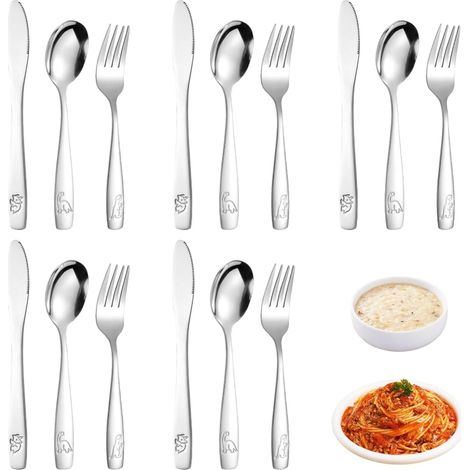 15 Pièces Couvert de Voyage en Inox Avec Motifs Gravés 5 Couteaux, 5 Fourchettes, 5 Cuillères Couverts pour Enfants Sécurisés und Lavable au Lave-Vaisselle Idéal pour Maison,École,Cadeau (Dinosaures) (1/5)