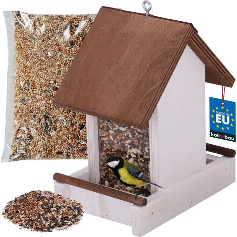 Mangeoire suspendue Kotarbau® pour balcon et jardin, en bois blanc, 190 x 130 x 135 mm + 0,5 kg de graines (1/5)