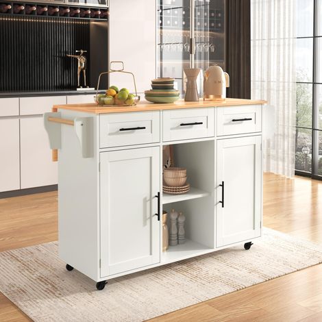Table roulante cuisine 139 cm plateau bois rabattable roulettes pieds bois interchangeables (1/5)