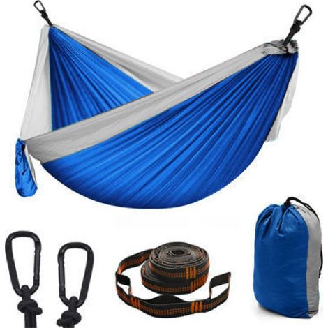 Hamac d'extérieur portable en nylon pour 2 personnes avec sangles d'arbre et mousquetons en alliage d'aluminium (270 x 140 cm). (1/5)