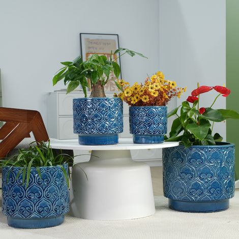 Maceta de cerámica 38 cm, para plantas grandes, con base estable, con orificio de drenaje, azul (1/5)