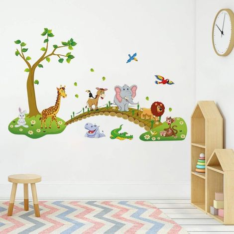 Stickers muraux animaux de la jungle, stickers muraux arbres, stickers décoratifs amovibles
