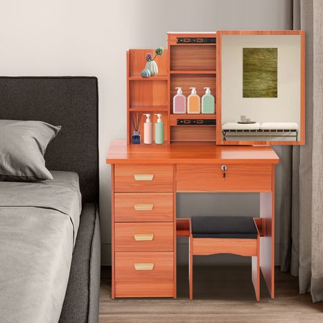 Senderpick-Coiffeuse avec miroir, tiroirs et étagères, coiffeuse de chambre avec tabouret, meuble de rangement, étagère à cosmétiques, 5 tiroirs, marron, 35 x 80 x 128 cm (1/5)