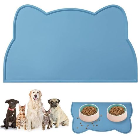 1 tapis de gamelle bleu pour chien et chat 45 x 26 cm, tapis antidérapant en forme de tête de chat mignon, tapis d'alimentation en silicone imperméable (1/5)
