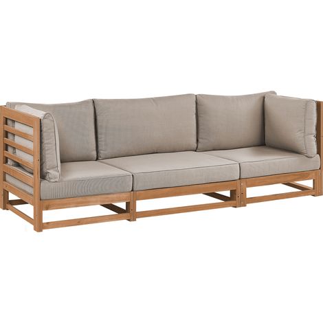 Sofá 3 plazas de madera de acacia clara cojines gris pardo exterior Trani (1/5)