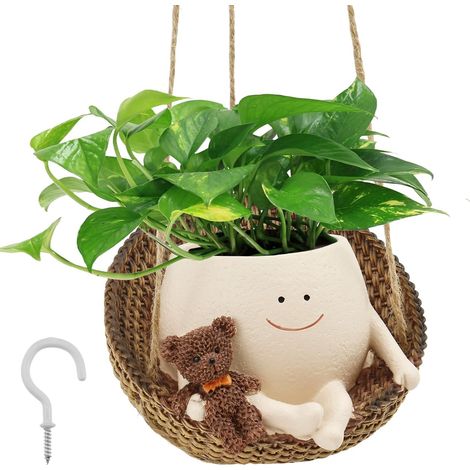 Pots de fleurs à motif visage souriant, jardinière suspendue décorative en résine avec balancelle (1/5)