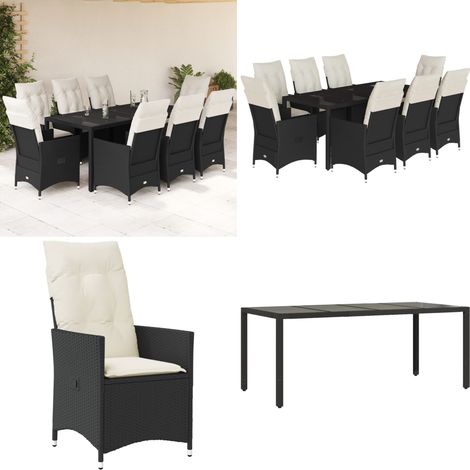 Set da Pranzo da Giardino 9 pz con Cuscini Nero in Polyrattan - Sedie da giardino reclinabili - Tavolo da giardino
