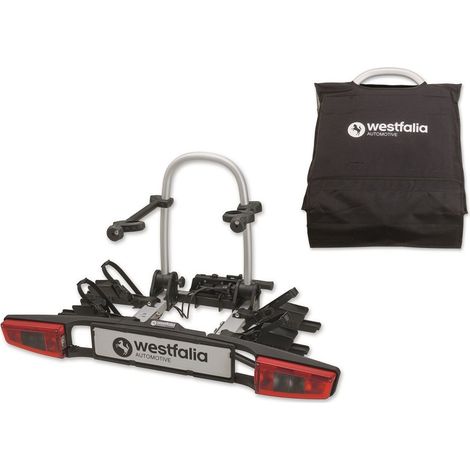 Westfalia Portabici Bikelander per Gancio di Traino, Borsa Inclusa, per 2 Biciclette, Adatto per E-bike, Ripiegabile Luci LED ibride (1/5)