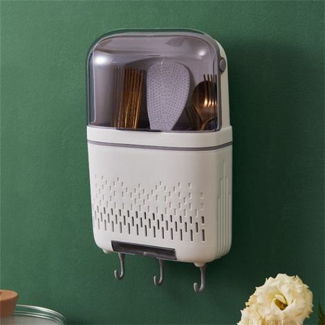 Wandmontierter Küchenutensilienhalter ohne Bohren 19×8,5×30 cm weiß mit Ablauf – praktischer Organizer für Besteck, Gabeln und Löffel