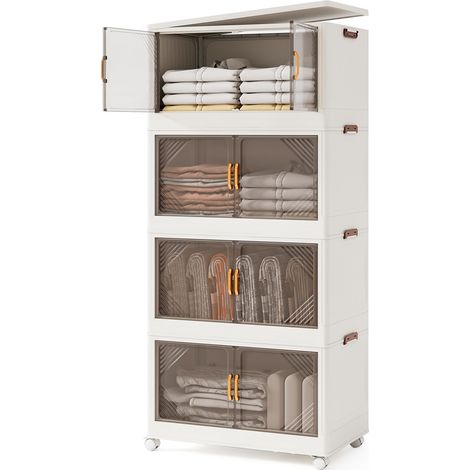 4 contenitori pieghevoli da 284 litri con coperchio Contenitori impilabili a 4 ripiani con ruote e ante, 65 x 39 x 142 cm (1/5)
