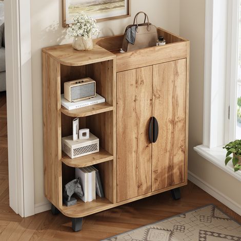 Mueble Zapatero 80 cm Efecto Roble, Armario 2 Puertas con Compartimentos Abiertos, Recibidor y Pasillo (1/5)