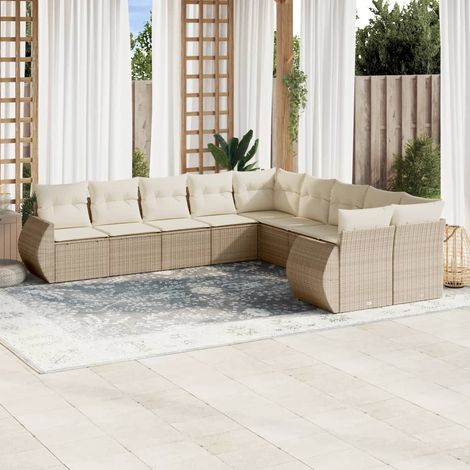 Ensemble Salon Jardin 10 Places Résine Tressée Beige avec Coussins Crème - Canapé d'Angle, Central et Accoudoirs (1/4)