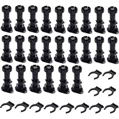 24 pieds Pieds D'Armoire Plastique,Pied de Meuble,Pied Réglable pour Meuble,Noir Pieds de Meuble Plastique avec Clip Fixation Base pour Meubles de Cuisine,Armoire et Canapé (120mm-150mm) (1/4)