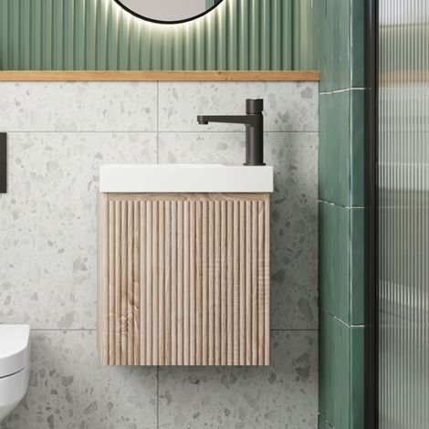 Orbit Linea Cloakroom 1-Drawer Wall Hung Vanity Unit with Basin 400mm Wide - Sonoma Oak (1/4)
