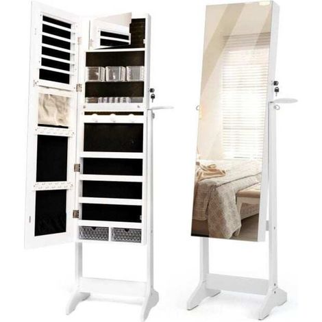 Montage facile armoire à bijoux sur pied avec miroir LED, verrouillable, rangement maquillage et sèche-cheveux (1/5)