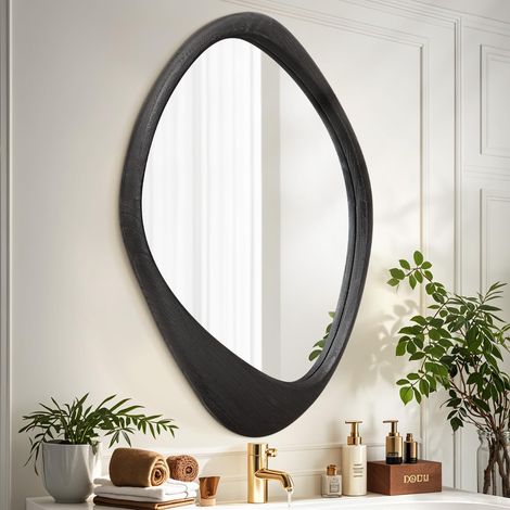 Miroir noir avec cadre en bois - Grand miroir mural irrégulier asymétrique décoratif pour salle de bain, chambre à coucher, salon, entrée - 60 x 40 cm (1/5)