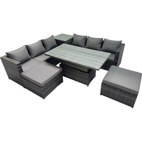 Fimous 8 Seater Outdoor Corner Sofa Height Adjustable Rising Lifting Table Set Garden Rattan Furniture Set with 2 Big Stools Side Table Dark Grey (1/5)