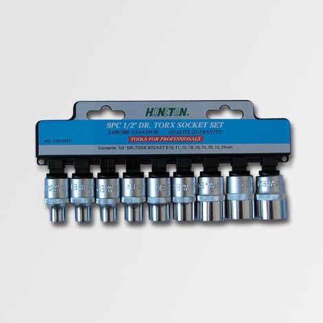Juego de 9 casquillos Torx 1/2", Honiton, modelo 4009, ideal para trabajos de precisión, fabricados en acero de alta resistencia, durabilidad y rendimiento profesional.