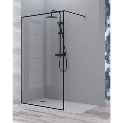 Mampara Ducha Fijo Walk In Vidrio Templado 8mm Antical Reborde Negro Altura 195cm 70 cm (1 fijo) Perfil Negro Mate