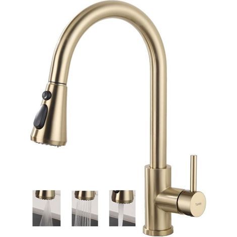 Robinet de Cuisine Doré avec Douchette Extractible, Mitigeur Évier avec 3 Modes de Pulvérisation, Robinetterie Monocommande Rotatif à 360° en Acier Inoxydable SUS304, Cartouche Céramique (1/5)