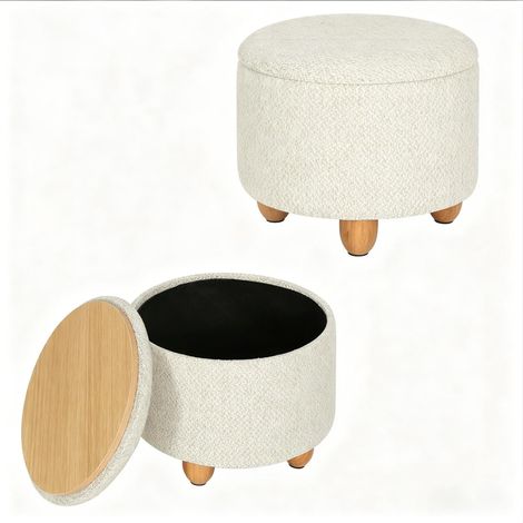 Runder Aufbewahrungs-Pouf aus graubeigem Leinen mit Kiefernholzbeinen 39 x 39 x 33 cm (1/5)