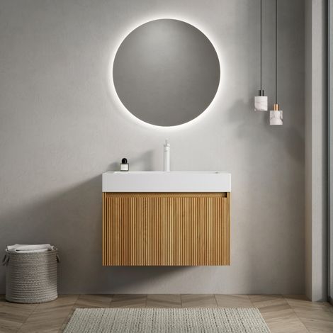 Mobile bagno sospeso 70 cm con lavabo in resina, 1 cassetto, legno naturale DESVIAE (1/5)