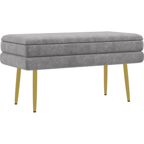 Banc banquette coffre de rangement 2 en 1 assise aspect velours et pieds acier - 79,5L x 37,5P x 43H cm gris et doré
