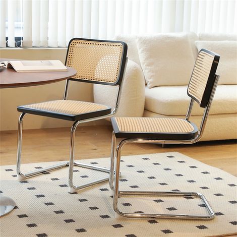 Lot de 2 chaises de salle à manger - Style Breuer en tissu et rotin avec pieds luge chromés pour cuisine - Noir et Bois (1/5)