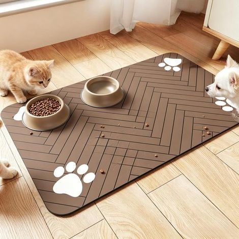 Tapis pour gamelle de chien - 60 x 40 cm - Marron café - Base en caoutchouc antidérapante et antitache - Tapis pour gamelle d'eau et de nourriture (1/5)