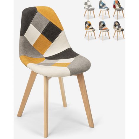 Ahd Amazing Home Design – Chaise patchwork scandinave en bois et tissu multicolore – Hauteur d'assise 43 cm – Ergonomique et confortable – Pour salle à manger, bar, restaurant (1/5)