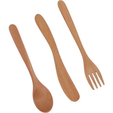Couverts En Bois - Ensemble Couteau Fourchette Cuillère En Hêtre - Style Japonais Avec Bords Arrondis - 3 Pièces (1/4)