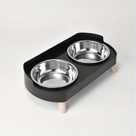 Comedero y bebedero 2 en 1 para gatos, dos cuencos de acero inoxidable con patas de madera, base antideslizante, fácil de limpiar. (1/5)