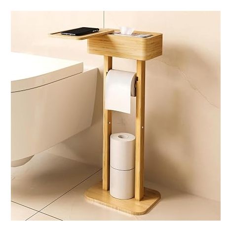 Porte-papier toilette en bambou avec étagère, Porte-papier toilette en bois debout, Support de rechange pour rouleau de papier toilette, Support de rouleau de papier toilette pour salle de bain et WC (1/5)