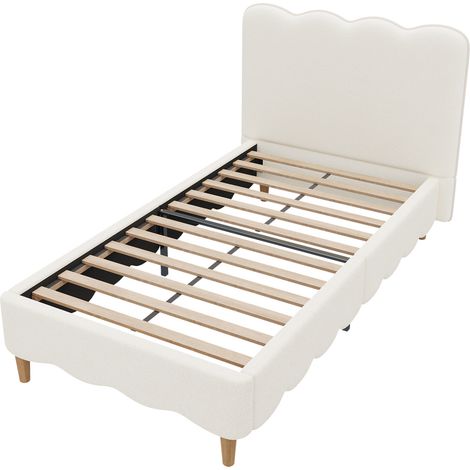 Kinderbett 90 x 200 cm aus weißem Bouclé mit Lattenrost, Kopfteil und Holzfüßen (1/5)