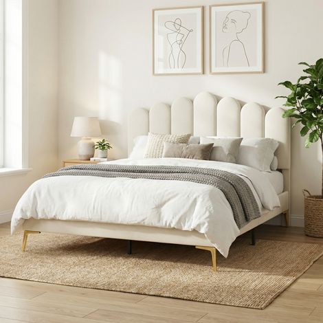 Lit double 140x200 cm, cadre de lit adulte capitonné avec sommier à lattes bois, velours, tête de lit coquillage pieds dorés, Beige