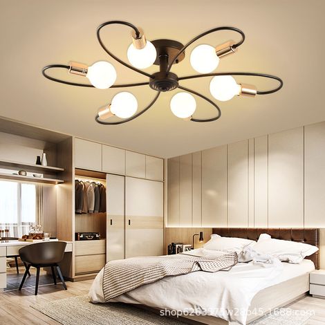 Plafonnier nordique LED, lampe de salon/chambre, style minimaliste moderne, rouge vif, créatif, pour entrée, porche ou escalier, 6 lampes noires et dorées (sans source lumineuse). (1/5)