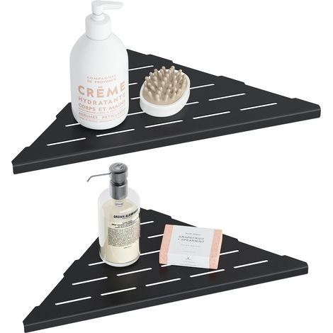 Étagère d'angle à 90° en Acier Inoxydable, Porte Savons Douche Triangulaire pour Mur Carrelé, Rangement de Salle de Bain Aucune perceuse requise, Lot de 2, 25CM, Noir (1/5)