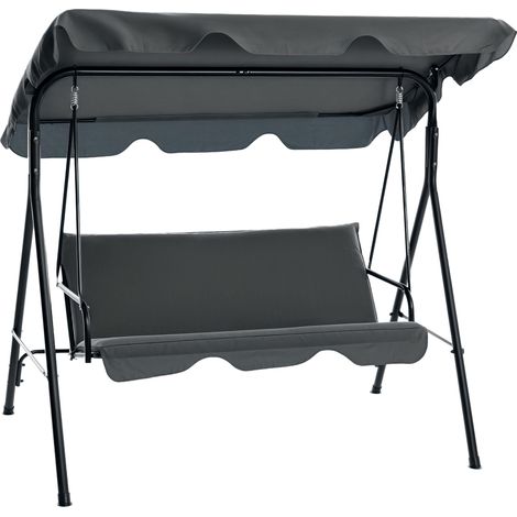 Balancelle de Jardin 3 Places Toit Inclinaison réglable Coussins Assise et Dossier Acier noir Polyester Gris (1/5)