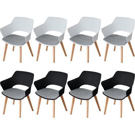 8er Set Esszimmerstühle mit Armlehne, Stoffpolster, Massivholzbeine, Weiß+Schwarz (1/5)