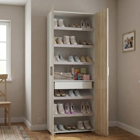 Dmora - Armario multiusos Ddrega, Armario lineal con 2 puertas batientes, armario de 6 estantes, zapatero moderno, 100% Made in Italy, 72x37h195 cm, Olmo y Blanco (1/5)