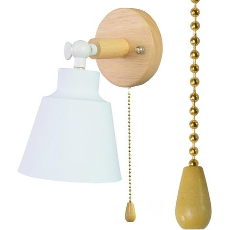 Interieur Applique Murale E27 avec Interrupteur Tirette Lampe Murale Minimaliste Base Bois Abat-Jour Aluminium Éclairage Mural 180° Regulable Industrielle Vintage Luminaire Mural pour Salon (Blanc) (1/5)